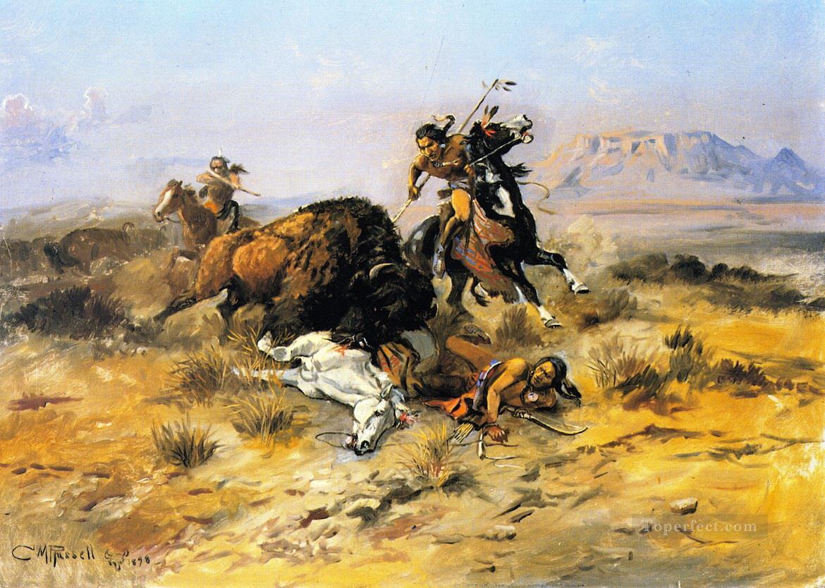 バッファロー狩り 1898年 チャールズ・マリオン・ラッセル油絵